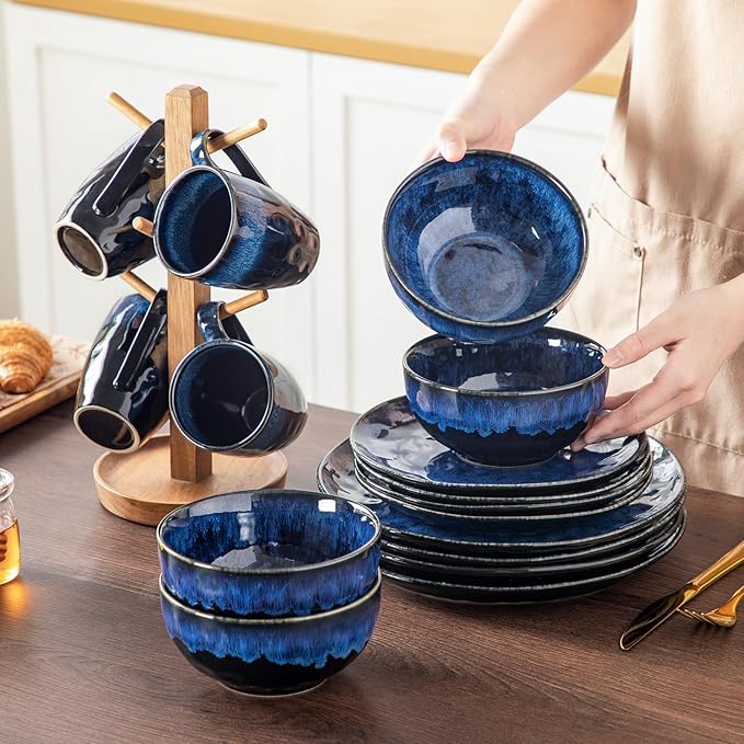 vancasso Starry 16 Pieces Dinnerware Set for 4 Reactive Glaze Blue Stoneware Plates and Bowls Set Dishes Set with Mugs for 4 Microwave &amp Dishwasher Safe