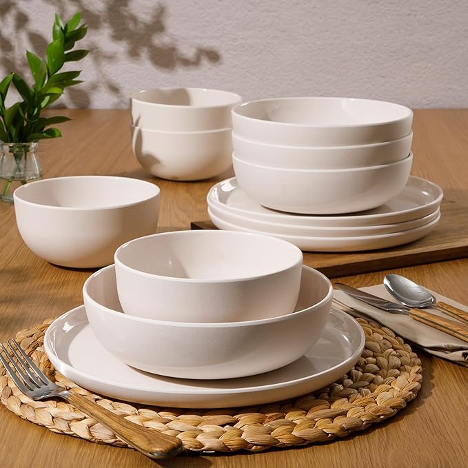 Gibson Home Candy Skies 12 Piece Unbreakable Wheat Straw Melamine Plates and Bowls Dinnerware Set - Outdoor Camping &amp Everyday Use - Matte Exterior/Shiny Interior Taupe Cream