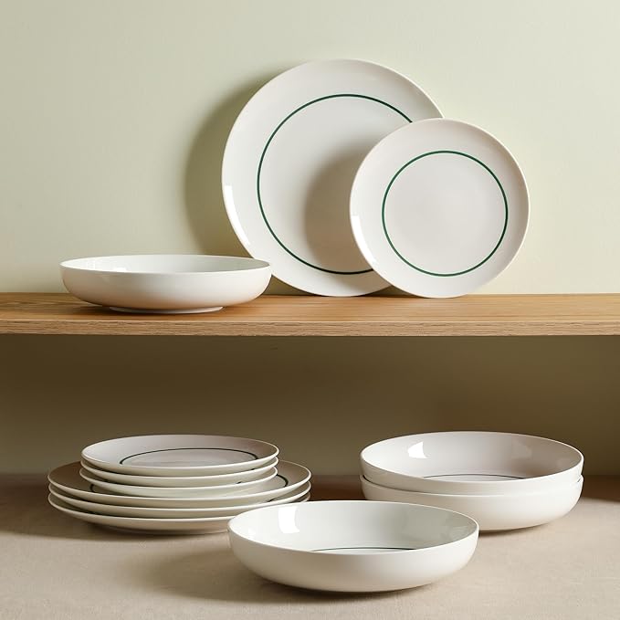 Stone Lain Luna 24-Piece Porcelain Dinnerware Set Plates and Bowls Set Dish Set for 8 Green