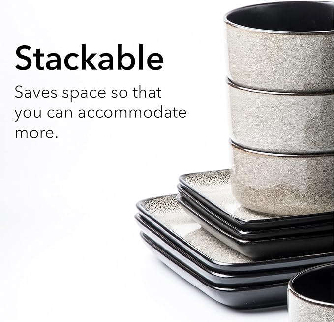 FLACKAR Square Stoneware 16pc Dinnerware Set for 4 Dinner Plates Side Plates Cereal Bowls Mugs - Reactive Glaze Grey (477653)