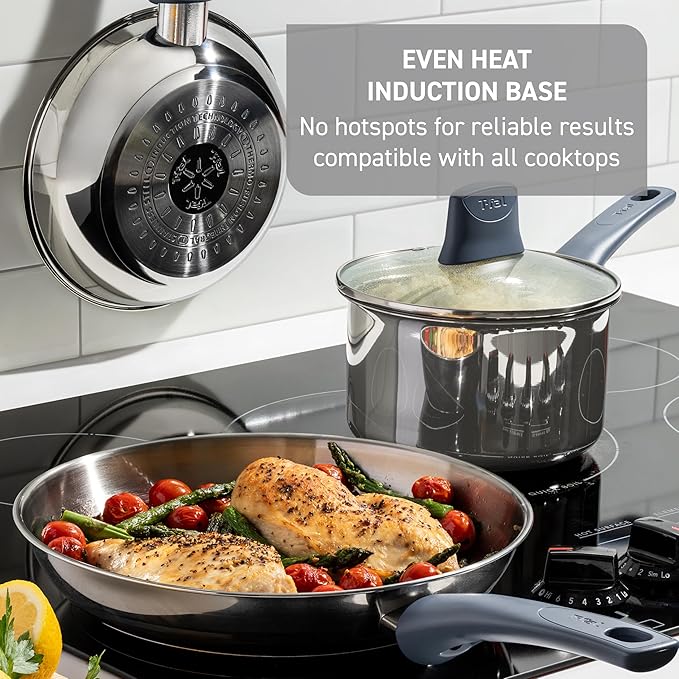 T-fal Essentials Stainless Steel Sauce Pan with Lid 3.2 Quart All Cooktops Including Induction Oven Safe 350F Multipurpose Saucepan Chef's Classic PotMeasuring Marks Dishwasher Safe Silver/Blue