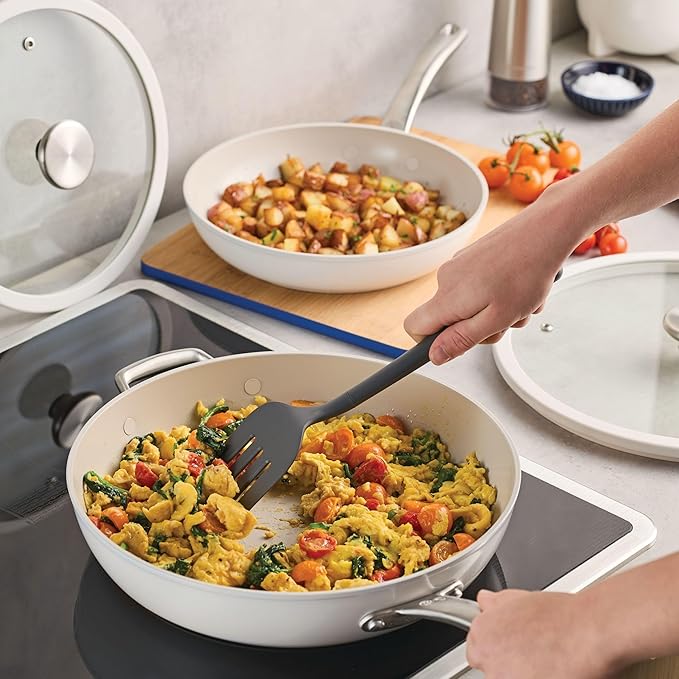 Circulon Halo with LaserDefense Ceramic Nonstick 10 Inch and 12 Inch Frying Pans with Lids Made without PFAS Compatible with All StovetopsDishwasher and Oven Safe4 Piece Cookware Set - Pearl White