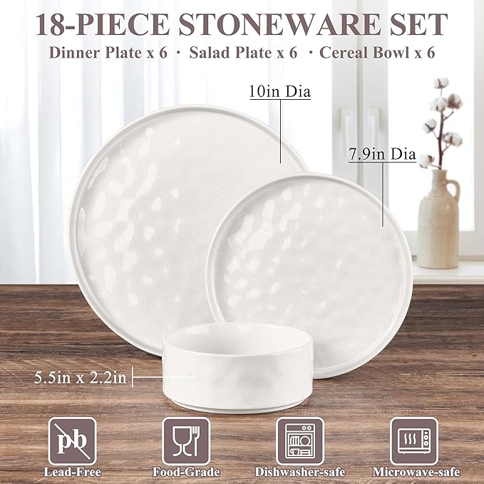 Herogo 18 Pieces Plates and Bowls Sets for 6 with Pasta Bowls Set of 4 Stoneware Dinnerware Set for Kitchen Ceramic Dinner Dishware Dishwasher &amp Microwave Safe Speckled White