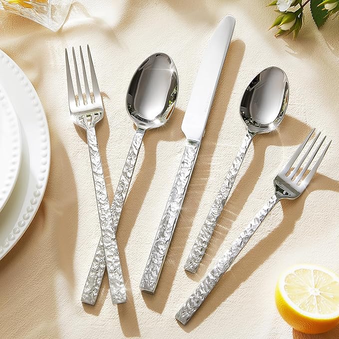 KINGSTONE 60 Pcs Hammered Silverware Set for 12 18/10 Stainless Steel Heavy Duty Flatware Set Tableware Cutlery Utensil Sets for Home Restaurant Dishwasher Safe
