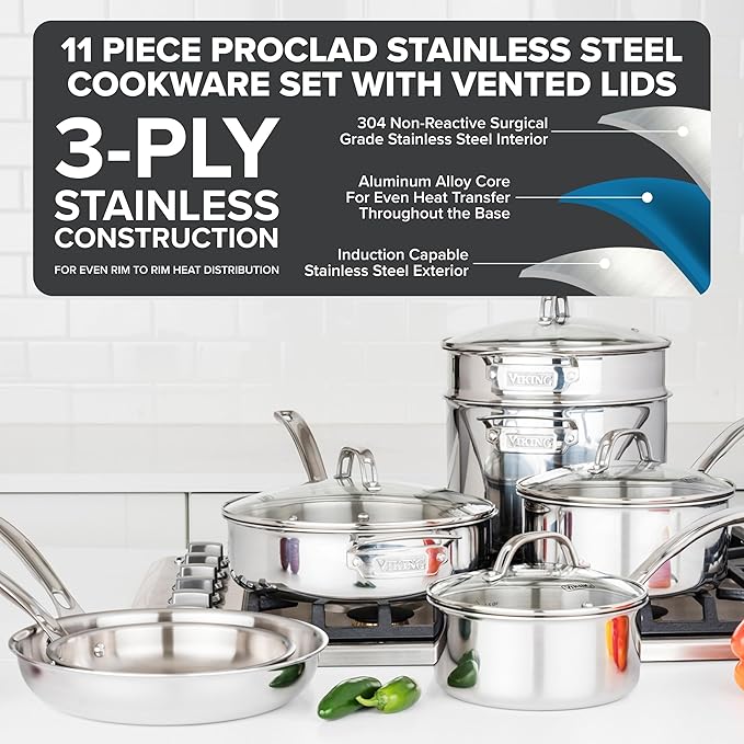 Viking ProClad 3-Ply Stainless Steel 11-Piece Cookware Set with Vented Glass Lids Fry Pans Saucepans Saute Pan Stock Pot with Strainer Insert Oven Safe up to 600F