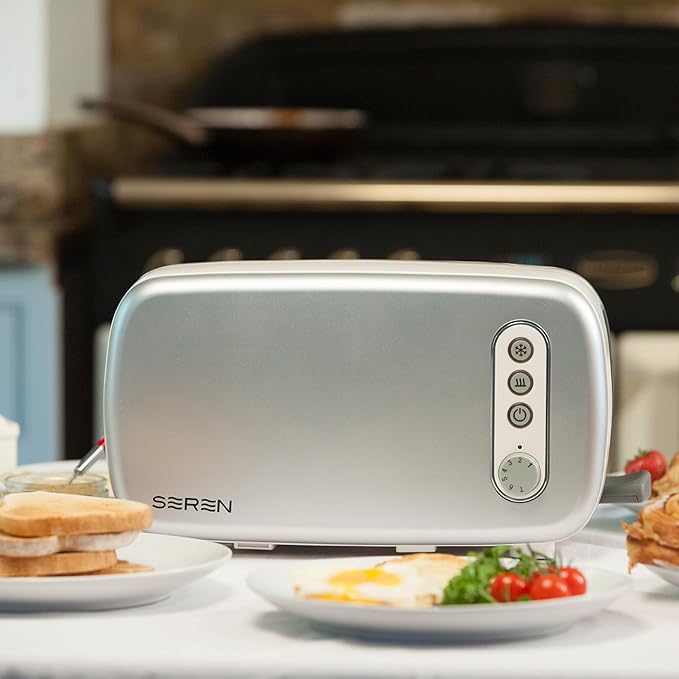 BergHOFF Seren Side Loading Toaster with Cool Touch Exterior and Removable Crumb Tray with Silver Front Panel use as Serving Tray
