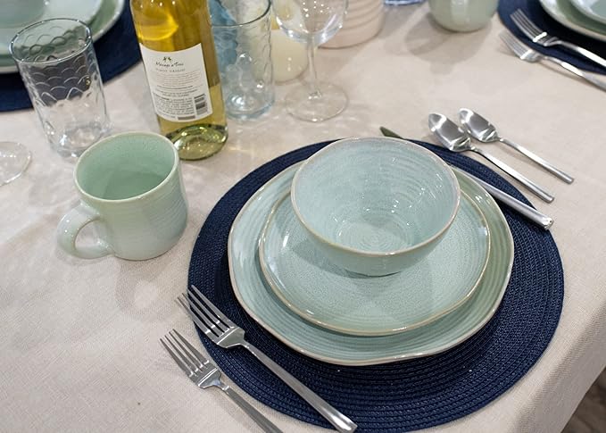 Elanze Designs Reactive Glaze Farmhouse Rustic Boho Ceramic Stoneware Dinnerware 16 Piece Plate Bowl Mug Dish Set - Service for 4 Seafoam Mint Green