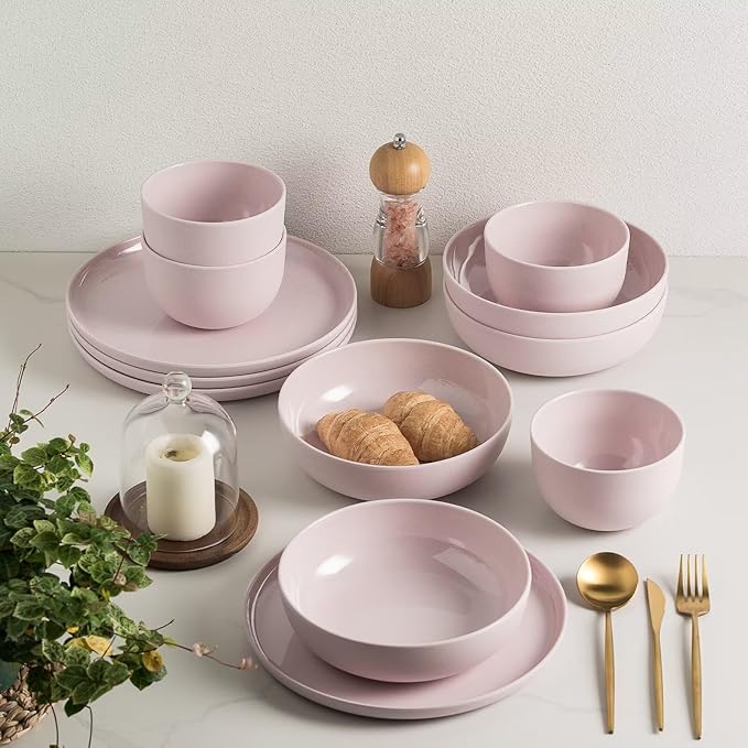 MissYIP 12 Pcs Wheat Straw Dinnerware Sets Unbreakable Reusable Kitchen Dinnerware Set Outdoor Camping Dishes BAP free Dishwasher SafeNot oven-safe or microwavable(Shell Pink)