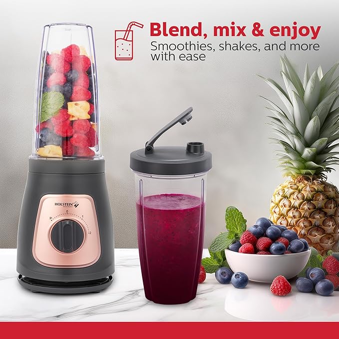 Holstein Housewares Personal Blender – 25 oz Travel Jar Two-Speed Knob with Pulse Function Stainless Steel Blades Compact &amp Portable Cool Grey/Rose Gold