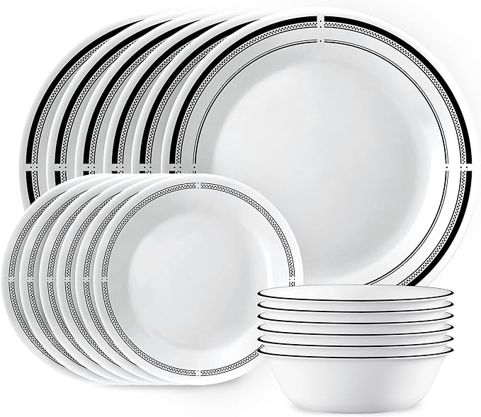 Corelle 18-Piece Round Dinnerware Set Service for 6 Lightweight Round Plates and Bowls Set Vitrelle Triple Layer Glass Chip and Scratch Resistant Microwave and Dishwasher Safe Brasserie