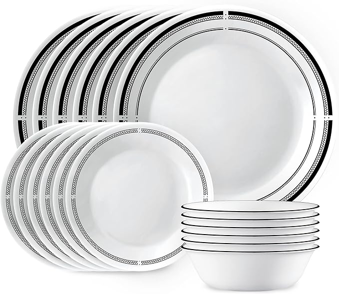 Corelle 18-Piece Dinnerware Set Service for 6 Lightweight Plates and Bowls Set Vitrelle Triple Layer Glass Brasserie Collection Lunch Plates Included