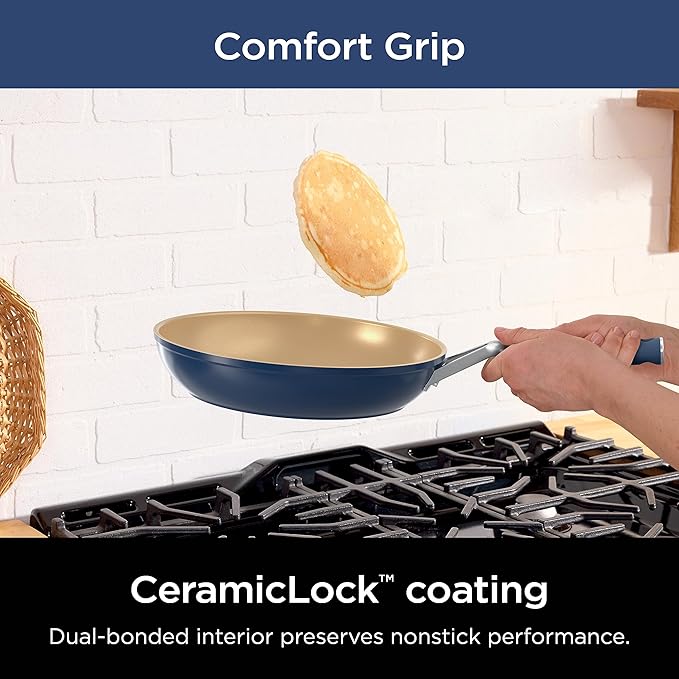 Ninja Extended Life Ceramic 8 Fry Pan with Comfort Grip Nonstick Fry Pans Pots PTFE Free Healthy Cooking Oven Safe Dishwasher Safe All Stovetops &amp Induction Compatible Navy Blue CW40020