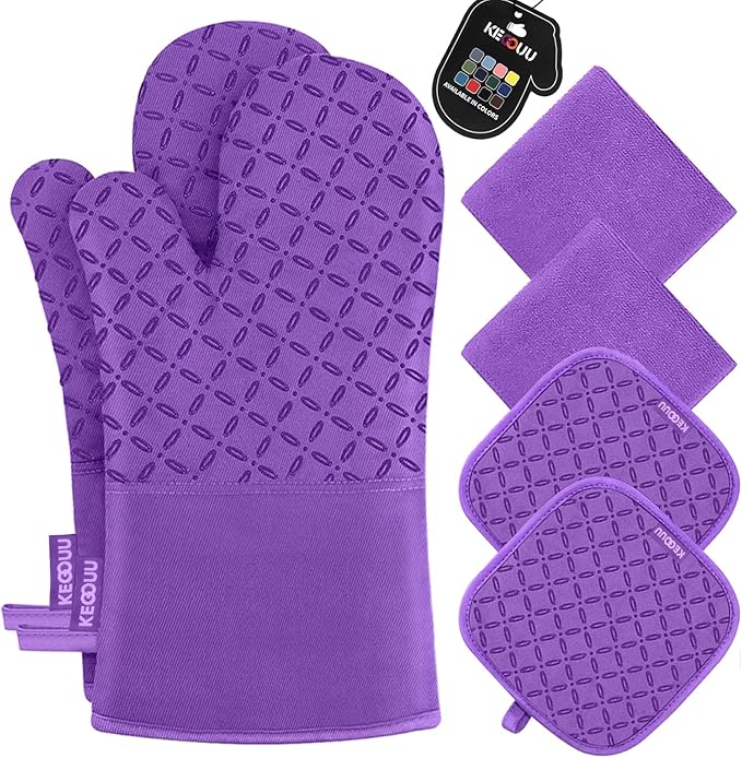KEGOUU Oven Mitts and Pot Holders 6pcs Set Kitchen Oven Glove High Heat Resistant 500 Degree Extra Long Oven Mitts and Potholder with Non-Slip Silicone Surface for Cooking (Purple)