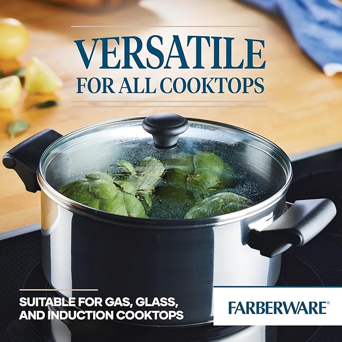 Farberware Classic Traditions Stainless Steel Cookware Induction Pots and Pans Set with Prestige Cooking Utensils 12 Piece - Stainless Steel