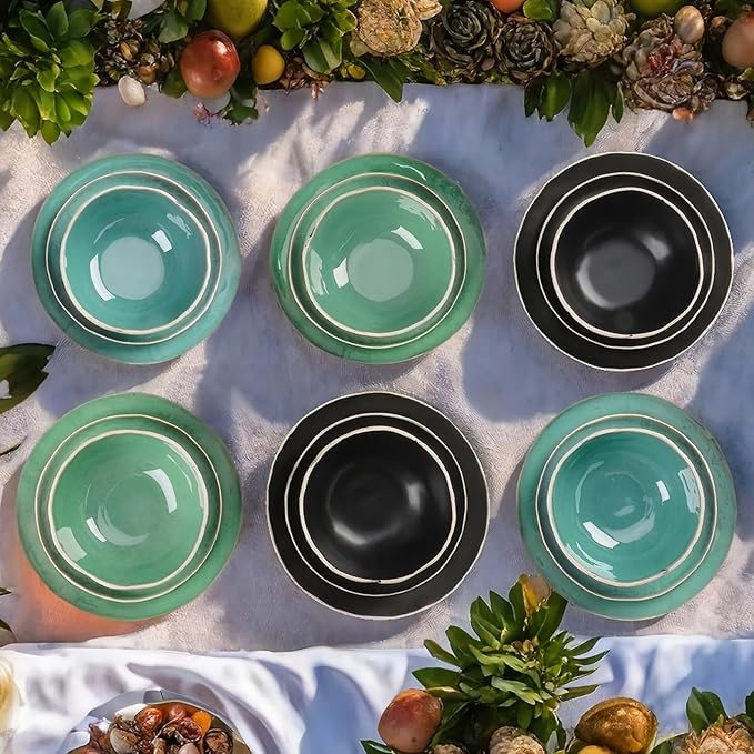 12pcs Dinnerware Set Service for 4 Handmade StonewareCeramic Dish Set Plates and Bowls set Dinner Set Reactive Glazed Microwave and Dishwasher Safe (BLUE)