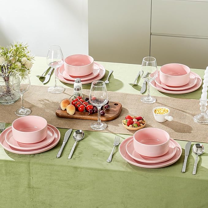 Plates and Bowls Sets 12 Piece Ceramic Dinnerware Set for Family and GatheringsDishes Set for 4Dishwasher &amp Microwave Safe Handcrafted Dishware SetsElegant Pink