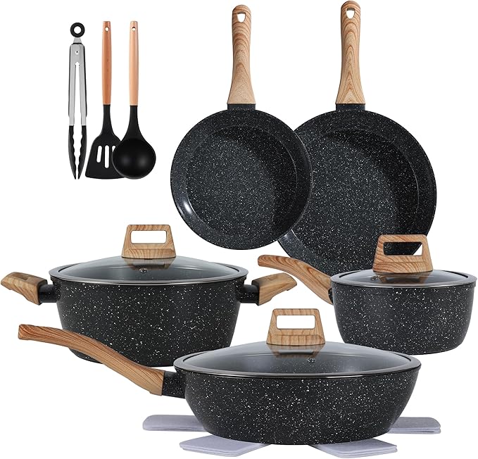 Ceramic Cookware Sets 15PCS Pots and Pans Set Non Stick (black15)