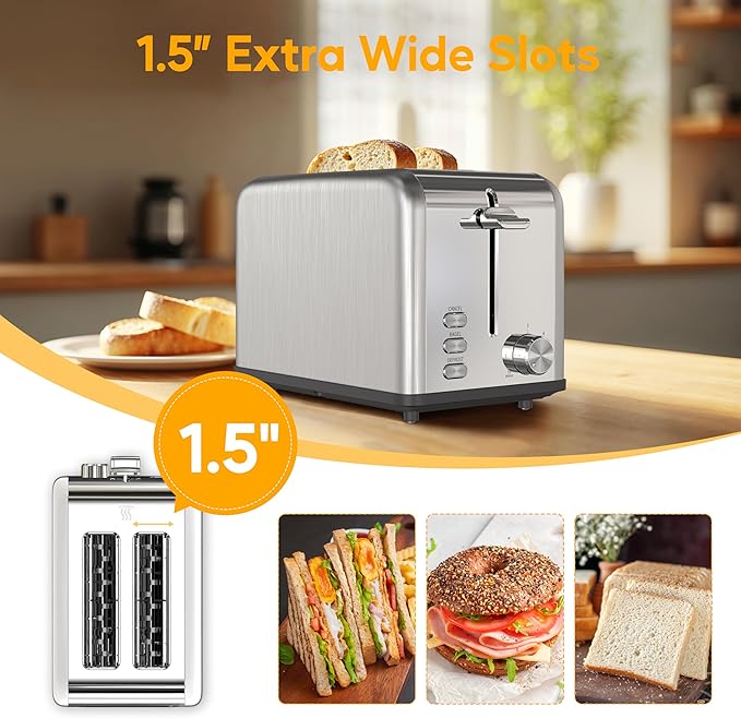 HealSmart 2-Slice Stainless Steel Toaster 6 Browning Setting and 3 Function Toaster Extra Wide Slot &amp Removable Crumb Tray for Bread &amp Waffle Silver