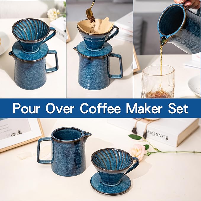Topadorn Pour Over Coffee Maker Set 13 Oz Ceramic Coffee Maker &amp Pour Over Coffee Dripper Reusable Drip Coffee Maker for Café Restaurant Home Camping Blue