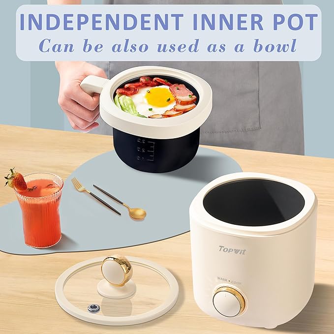 TOPWIT Rice Cooker Small Mini Rice Cooker 2 Cups Uncooked 1.2L Portable Rice Maker with Non-stick Coating BPA Free One Touch &amp Keep Warm Function Beige