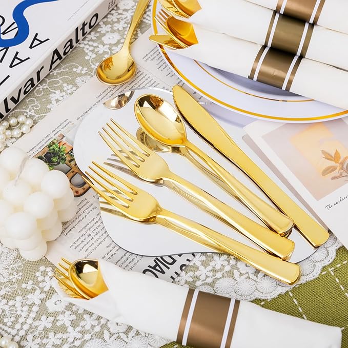 Nervure 400PCS Pre Rolled Gold Plastic Silverware Sets - Heavy Duty Gold Cutlery - Include 100 Pack Wrapped Disposable Utensils with Napkins for Parties Dinners &amp Weddings