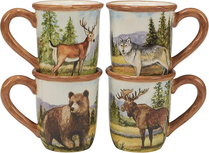 Mountain 16pc Dinnerware Set Service for 4 Brown Green Multi Color Animal Country Round Ceramic 16 Piece Dishwasher Safe Microwave
