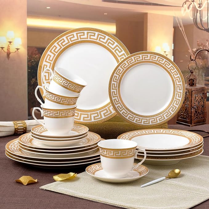 GP1347-20G 20 PCs Fine Porcelain Dinnerware Set Tableware Set with Antique Greek Pattern Set for 4
