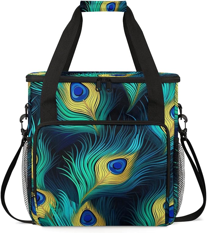 Peacock Bird Feathers Travel Coffee Maker Carrying Bag Large Organizer Storage Tote Bag Insulated Reusable Cooler Grocery Bags