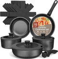 Pots &amp Pans Set Non Stick Ceramic-Granite – 15-Piece Cookware with Detachable Handles Stackable Space-Saving Dishwasher Safe Oven &amp All-Stove Safe Tempered Glass Lids Black Granite