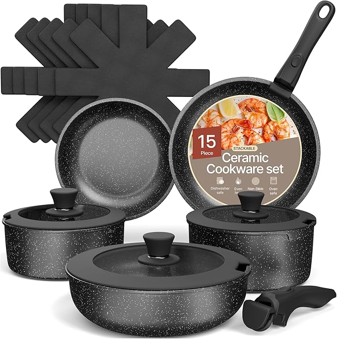 Pots &amp Pans Set Non Stick Ceramic-Granite – 15-Piece Cookware with Detachable Handles Stackable Space-Saving Dishwasher Safe Oven &amp All-Stove Safe Tempered Glass Lids Black Granite