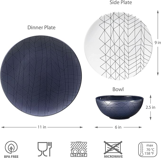 bzyoo BPA-Free Dishwasher Safe 100% Melamine Plate &amp Bowl Set for Casual dining Indoor and Outdoor Dining Party (12 PCS Dinnerware set 6pc Tumbler Bundle Set Spidy French Navy)