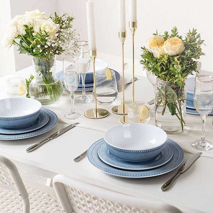 AELS Melamine Dinnerware Set of 12 Pcs Dinner Dishes Set for Indoor and Outdoor Use Melamine Plates and Bowls Set for 4 Dishwasher Safe Lightweight Unbreakable BPA Free Soft Blue