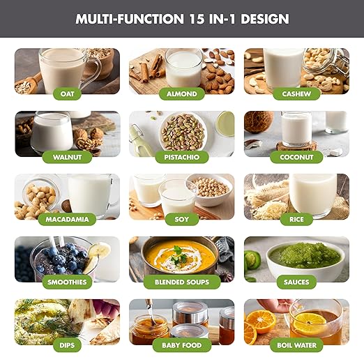 GreenPan Nut Milk Maker 15-in-1 Homemade Soy Almond Oat Coconut Non-Dairy Rice Soup Baby Food BPA-Free Smooth Creamy Texture Self Clean Barista Quality Milk Delay Start Boil Water Gray