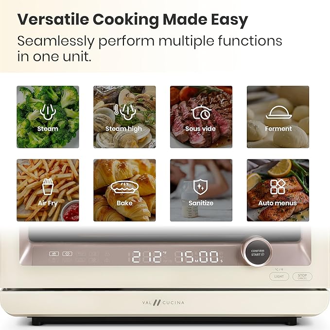 VAL CUCINA 7-in-1 Steam Convection Oven Countertop with Air Fry Bake Sous Vide Ferment Built-in Recipes | Anti-Scalding Self Clean Food-grade Stainless Steel Cavity &amp Accessories | 1500W