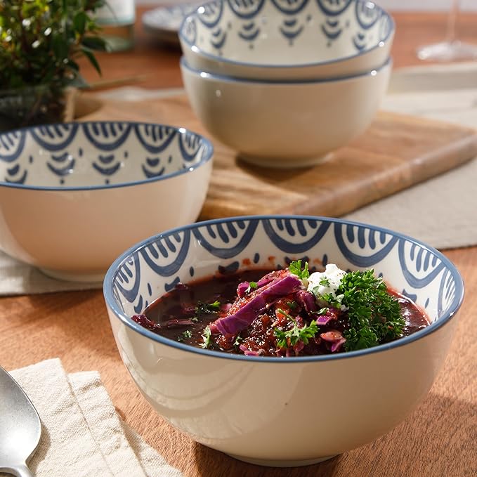 Bloomhouse - 2-Time Oprah’s Favorite Things - Valencia Flor 4 Piece 6” Cereal Bowl Set Stoneware Bowls Mediterranean Floral Decal Design Microwave &amp Dishwasher Safe Iris Blue