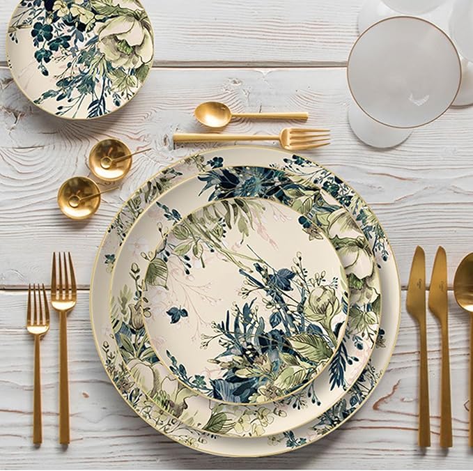 gold trim dinnerware set service for 6 24 pieces bone china dishes set premium ceramic plate sets present for housewarming anniversary Mother's Day