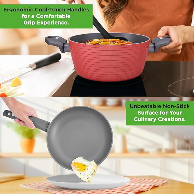 NutriChef 12-Piece Hard Anodized Nonstick Cookware Set - Induction Ready Pots &amp Pans with Elegant Ridge-Line Pattern Heat-Resistant Lacquer Red
