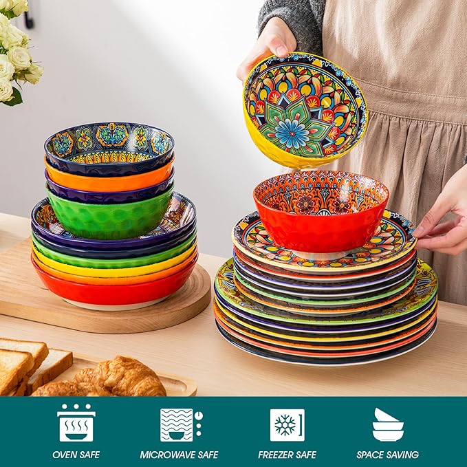 vancasso 24 Pieces Plates and Bowls Set Bohemian Style Dinnerware Sets Service for 6 Porcelain Boho Dishes Set for Kitchen Housewaring Gift Dishwasher and Microwave Safe Series KRVI