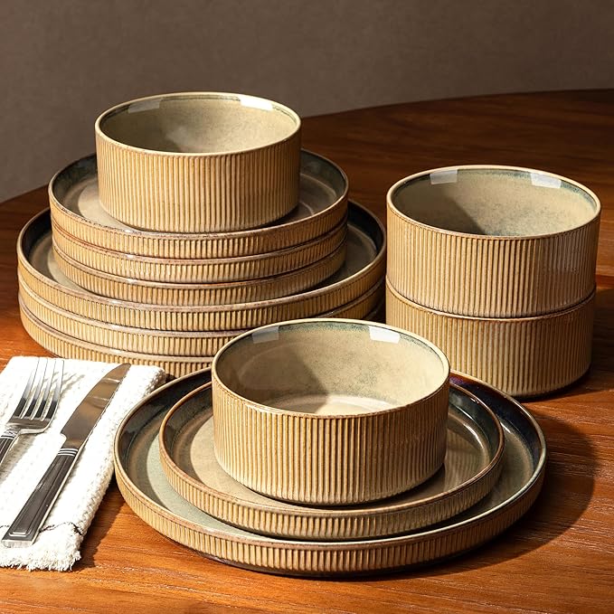 GBHOME Stoneware Dinnerware Sets for 4 12 Pieces Ceramic Ribbed Plates and Bowls Set Reactive Glaze Stackable Plate Sets Scratch Resistant Dishes Microwave &amp Dishwasher Safe Linen