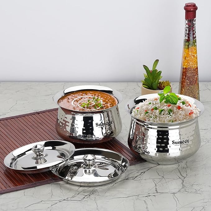 Sumeet Stainless Steel Handcrafted Hammered Texture Handi Set with Lid for Kitchen Set of 2 1300ml &amp 1700ml Silver