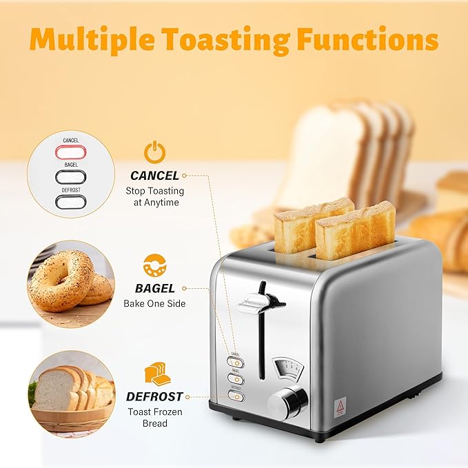 Simple Deluxe 2-Slice Stainless Steel Toaster 5 Browning Setting and 3 Function Extra Wide Slot Toaster with Removable Crumb Tray Silver