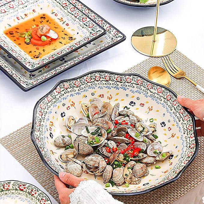Dinnerware Sets - Luxury Gift Dishes Service Set Ceramics Dinnerware Set Bohemian Style Porcelain Dinner Sets of 34 | Folk-Custom Cereal Bowl and Steak Plate Set for Wedding Gift(B)