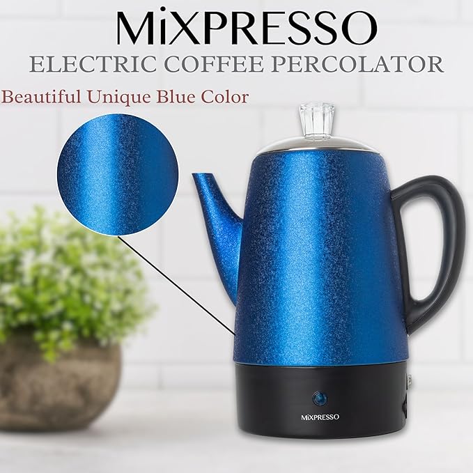 Mixpresso 10 Cup Percolator Coffee Pot Electric Stainless Steel Coffee Percolator Electric With Keep Warm Function Classic Perculator Pot With Removable Basket for Home or Office - Shiny Blue