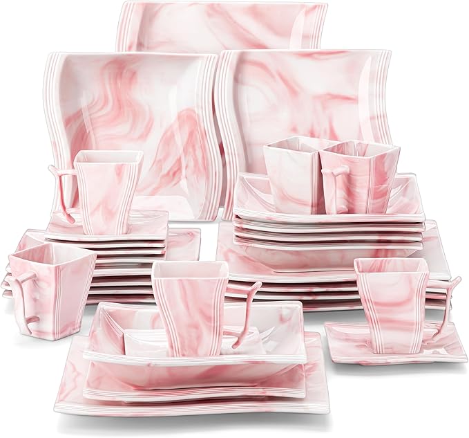 MALACASA Dinnerware Sets 30-Piece Pink Plates and Bowls Sets for 6 Porcelain Dinnerware Set with Plates and Bowls Cups and Sacuers Square Dish Set Modern Dining Ware Set Series Flora