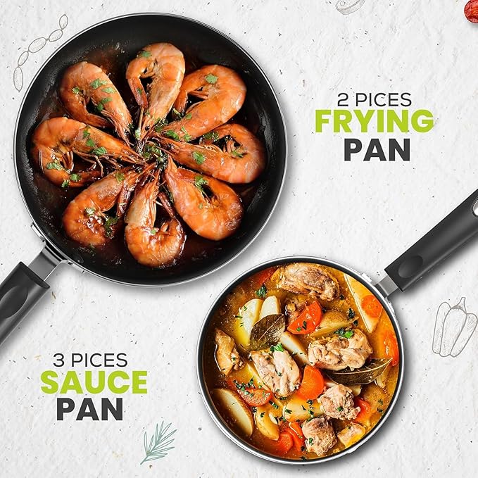 KICHLY Kitchen Pots and Pans Set Non Stick 5pcs Induction Frying Pans 20cm 28cm Saucepan with Lids 20cm 18cm Non Induction Saucepan 16cm Bakelite Handles Oven and Dishwasher Safe Pots Set Black