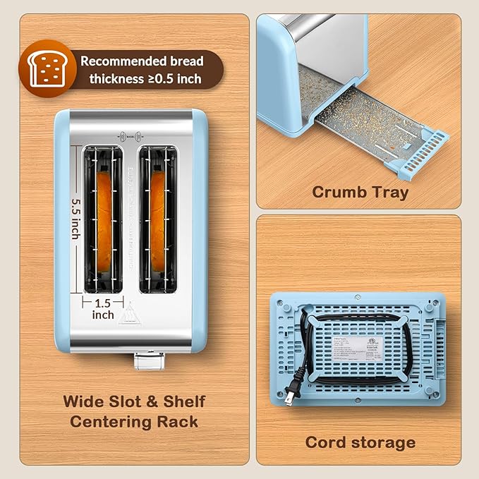 Mecity 2 Slice Touch Screen Toaster 1.5 Wide Slot Stainless Steel Smart Toaster for Bagels Muffins Waffles Gluten-Free Breads Defrost Reheat Timer 120V 825W Ice Blue