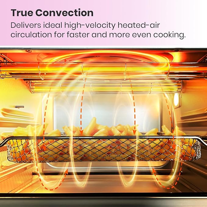 VAL CUCINA Retro Style Infrared Heating Air Fryer Toaster Oven Extra Large Countertop Convection Oven 10-in-1 Combo 6-Slice Toast Enamel Baking Pan Easy Clean with Recipe Book Classic Pink Color