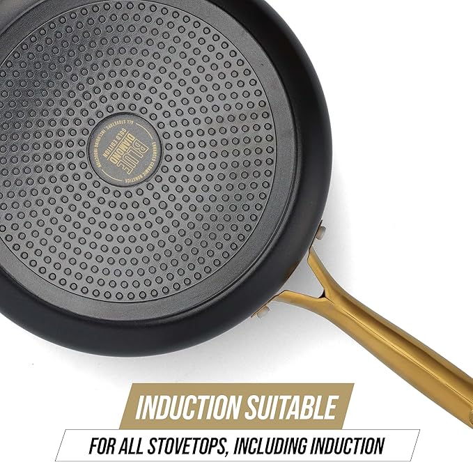 Blue Diamond 4QT Saute Pan with Lid Non Toxic Induction PFAS-Free Diamond Ceramic Nonstick Dishwasher &amp Oven Safe Metal Utensil Safe Gold Handle &amp Helper Handle Jumbo Skillet Glass Lid