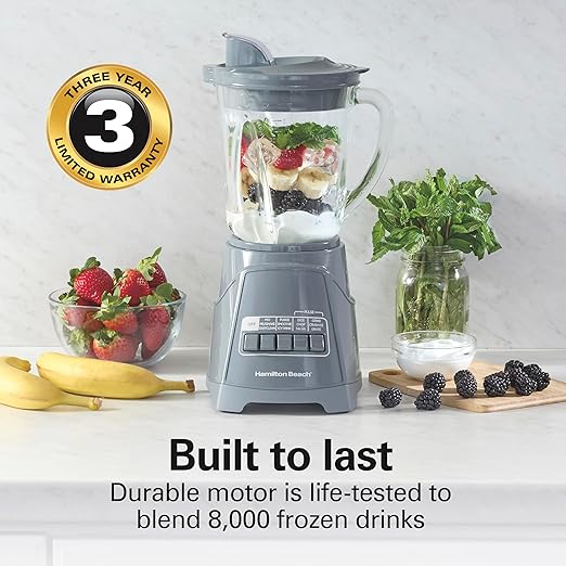 Hamilton Beach Power Elite Wave Action Blender For Smoothies 40 Oz Glass Jar 12 Functions Including Puree Crush Ice 700 Watts Grey (58153J)