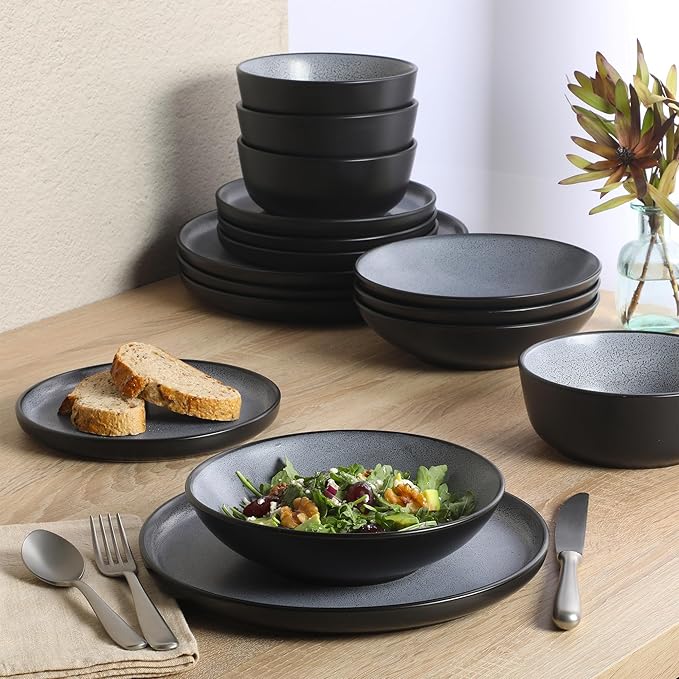 Gibson Elite Tribeca Loft 16-Piece Dinnerware Set – Matte Black and Blue Reactive Glaze Stoneware Double Bowl Round Plates and Bowls – Modern Rustic Dinnerware for 4 Dishwasher &amp Microwave Safe